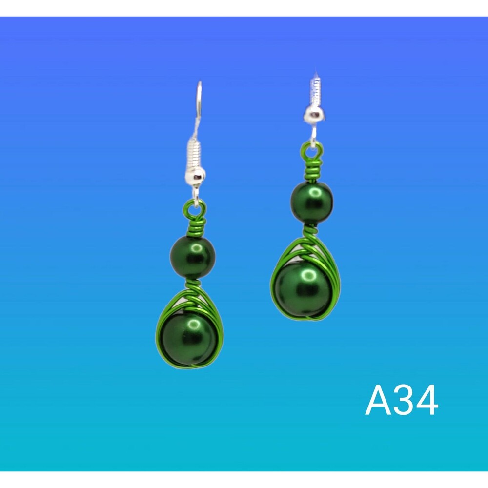 Green Wire Wrapped Pearl Earrings